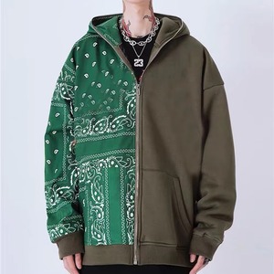 Sudadera con capucha y cremallera para hombre, estilo oversize, de algodón y forro polar, con diseño paisley y patchwork en verde oliva, estilo streetwear. - Product Image 1