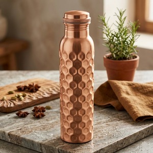 Luxury Split-Finish Hammered Pure Copper Water <b>Bottle</b> & Glass Set <b>Brushed</b> Waistband Tactile Dimple Surface Reusable Water Set - Product Image 3