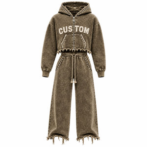 Men <b>Brown</b> Tracksuit Set 100% Cotton Full Length Zipper 450 Gsm Cropped Zipper Wide Leg <b>Joggers</b> Frayed Hem Casual Wear - Product Image 1