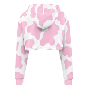 Women's Pink <b>Cow</b> <b>Print</b> Cropped <b>Hoodie</b> Casual Long Sleeve Knitted Sweatshirt Autumn Fashion Hooded Top - Product Image 5