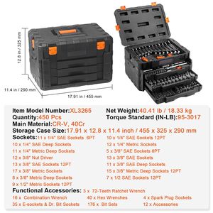 Set di Chiavi a Bussola da 1/4, 3/8, 1/2 Pollici, 450 Pezzi, Standard SAE e Metrico, Kit di Attrezzi per Meccanici - Product Image 3