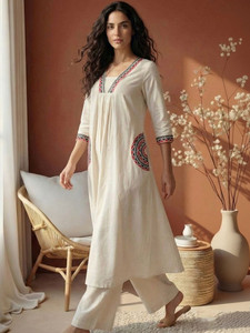 <b>Women</b> Ethnic Embroidered Cotton <b>Kurta</b> Trousers Set Regular Fit Knee-Length Casual Wear Quick Dry India Pakistan Design - Product Image 5