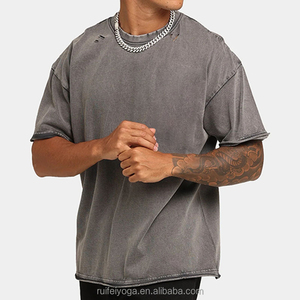 Custom Blank 100% Cotton Plain Oversized <b>Drop</b> Shoulder Crew Neck T-shirts Distressed Shirt Vintage <b>Acid</b> Washed Tshirts for Men - Product Image 1