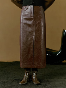 Falda recta vintage bordada de cintura alta con abertura amplia para mujer, de cuero genuino encerado, hasta la rodilla, antiarrugas - Product Image 2