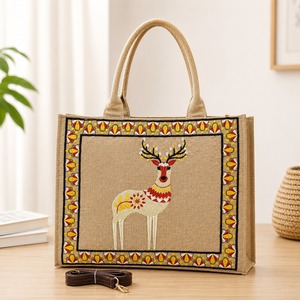 Ethnic <b>Canvas</b> Tote <b>Bag</b> Embroidered Deer Geometric Patchwork Handbag <b>Large</b> Capacity Waterproof Zipper Closure for Daily Travel - Product Image 3