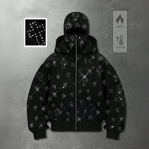 Sweat-shirt à capuche pour homme, style urbain, décontracté, tendance, avec strass, poches et fermeture éclair sur le devant - Product Image 1