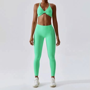 Conjunto de Yoga de 2 Piezas para Mujer, Color Azul, Leggings de Cintura Media Elástica, Top Corto con Detalle Trenzado, Ropa Deportiva Ecológica sin Costuras de Longitud Completa - Product Image 5