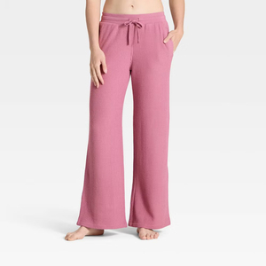 Pantalones de Punto Anchos de Color Rosa para Mujer, Cintura Media con Cordón, Estilo Casual, Largos, Color Sólido, Corte Holgado, 100% Algodón, para Otoño - Product Image 1