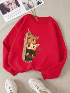Sweat-shirt à capuche basique sportif pour l'automne-hiver 2026 avec impression 'Trois petits chats vous observent discrètement' - Product Image 5