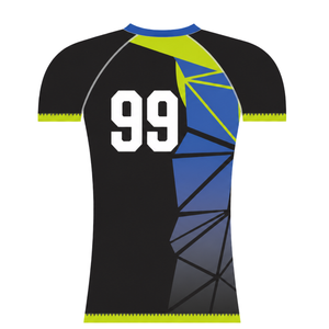 Maillot de compression athlétique à manches courtes noir, bleu roi, vert citron, col ras du cou, motif géométrique, pour entraînement de performance - Product Image 2