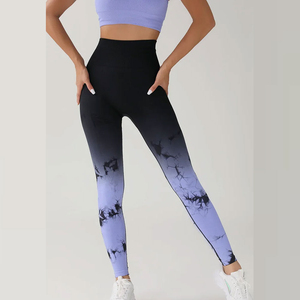 Leggings pour femmes à effet tie-dye dégradé, imprimé bleu et noir, longueur intégrale, sportifs, extensibles, tricotés, taille haute, OEM - Product Image 1
