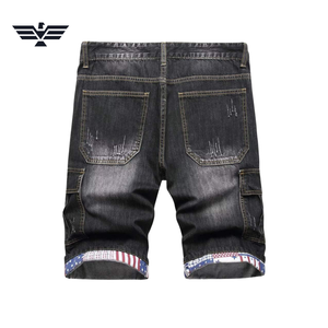 Shorts en jean noir pour homme, coupe droite, cargo, taille mi-haute, légèrement déchirés, style décontracté d'été, en polyester/coton respirant, tricoté 300g - Product Image 4