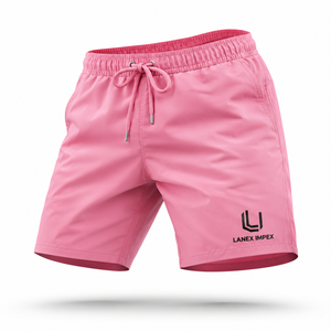 Shorts de bain pour homme personnalisés, rose, à séchage rapide, avec taille élastique et cordon de serrage |   Shorts de plage légers avec poches |   OEM ODM - Product Image 1