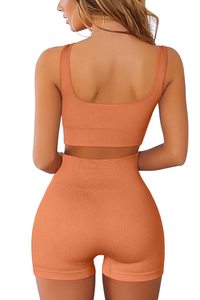 Ensemble de yoga côtelé à col carré, short taille haute, sans manches, deux pièces, couleur unie, respirant, séchage rapide, sans couture, en Spandex et Polyester - Product Image 3