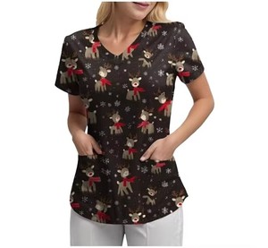 Clevora Women's <b>Christmas</b> Reindeer Print <b>Scrub</b> <b>Top</b> Black Short Sleeve V-Neck Knitted Fabric Hospital Uniforms - Product Image 1