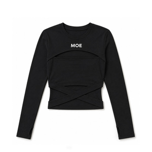 เสื้อครอปแขนยาวสีดำ คอวี สายไขว้ ผ้าฝ้ายถัก 100% เสื้อยืดผู้หญิง ทรงเข้ารูป พิมพ์ลายพัฟฟ์ตามสั่ง - Product Image 3