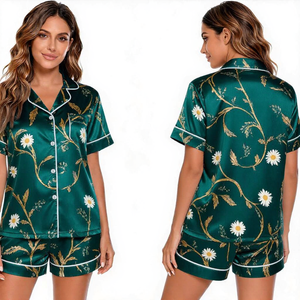 Women's Lavender Satin Pajama <b>Set</b> Short Sleeve Geometric Print Button Front Sleepwear Summer Elegant Style - Product Image 5