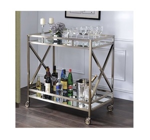 Luxury Stainless Steel <b>Bar</b> Cart with Glass <b>Shelves</b> and Wheels for Indoor Living Room Trolley - Product Image 1