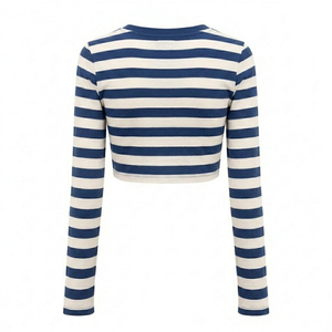 Camiseta corta de manga larga para mujer, beige con rayas blancas, de secado rápido, ligera, de algodón, a la moda, para verano, al por mayor y personalizada. - Product Image 2
