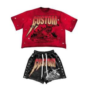 Ensemble survêtement oversize avec tee-shirt court vintage délavé à l'acide et short délavé effet usé orné de strass, imprimé graphique - Product Image 1