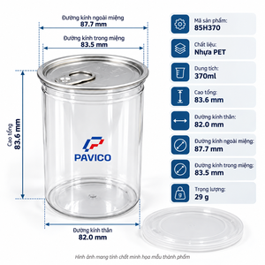 Frasco de Plástico PET Transparente de 370 ml con Tapa Metálica Fácil de Abrir para Envasado de Alimentos Secos, Fabricante en Vietnam - Product Image 3