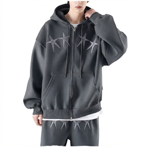 Sweat-shirt à capuche zippé surdimensionné pour homme, broderie étoiles géométriques, en molleton de coton, tenue décontractée d'automne - Product Image 1