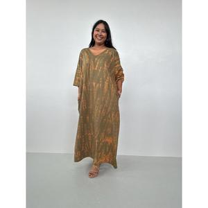Vestido Kaftan Informal de Manga Corta con Cuello en V, Estampado Tie Dye Marrón, Largo hasta el Suelo, Corte Holgado, para Mujer - Product Image 2