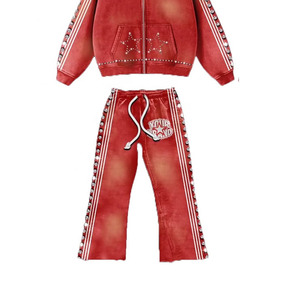 Chándal de hombre personalizado con efecto desgastado por el sol, con pedrería, sudadera con capucha extragrande y pantalón acampanado, con serigrafía, estilo casual urbano - Product Image 6