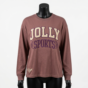 Camiseta de manga larga para mujer de alta calidad, 180 GSM, jersey de algodón, transpirable, color malva, con logo bordado en chenilla, cuello cómodo. - Product Image 6