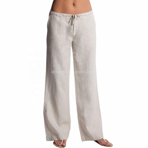 Pantalon large en lin pour femme, taille haute, cordon de serrage, couleur unie, coupe ample, longueur complète, décontracté, été - Product Image 2