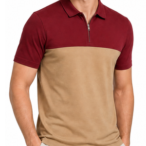 เสื้อโปโลผู้ชาย คอซิป แขนสั้น ทรงลำลอง สีทูโทน สีมารูนเบจ - Product Image 2