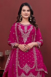 AARIKA TEXTILE Ensemble Sharara pour femme, tenue de soirée, en soie Fendy 1450 g/m², broderie de sequins, Kurta, pantalon intérieur, Dupatta, Diwali, Mariage, Ethnique - Product Image 4