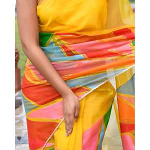 Sari jaune multicolore taille unique pour femme Resha, en organza et mousseline de soie, imprimé numériquement, polyvalent et élégant - Product Image 2