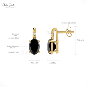 Boucles d'oreilles en diamant noir naturel, or massif 14 carats, taille ovale 6x4mm, pierres précieuses, diamant blanc G-H, boucles d'oreilles à clous avec fermoir poussoir - Product Image 4