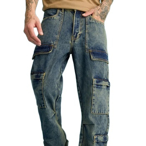 Jean cargo tendance et stylé pour homme, coupe streetwear, pantalon en denim respirant, parfait pour les looks décontractés et semi-formels, personnalisable - Product Image 1