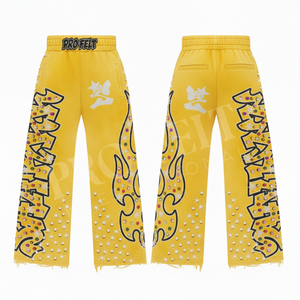 Pantalon de jogging OEM décontracté pour homme, couleur unie, motif flamme imprimé, coupe ample, en molleton avec strass, pour le fitness - Product Image 5