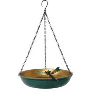 Bain d'oiseaux suspendu en métal bleu sarcelle avec ornement libellule, bassin d'eau suspendu pour jardin extérieur, mangeoire pour oiseaux sauvages avec chaîne - Product Image 1