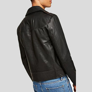 Blouson de motard personnalisé pour homme en cuir véritable noir, coupe ajustée, fermeture éclair asymétrique, en peau de mouton souple, style décontracté et tendance - Product Image 2