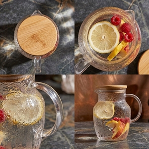 Ensemble carafe et sous-verre – Carafe en verre borosilicate martelé moderne, résistante à la chaleur, lavable, durable, légère, avec couvercle et poignée en bambou - Product Image 5
