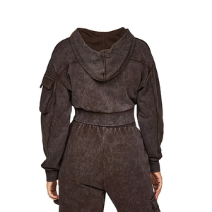 Conjuntos de chándal de forro polar cortado al por mayor con cremallera frontal, sudaderas cortas con capucha y pantalones de chándal hasta el tobillo para mujer - Product Image 5