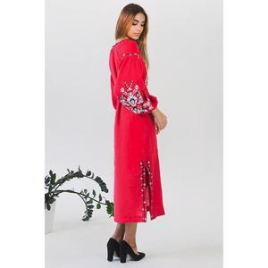 Women Red Embroidered Long Kurta <b>Dress</b> Cotton <b>Linen</b> Ethnic <b>Maxi</b> <b>Dress</b> With Tie Up Waist - Product Image 4