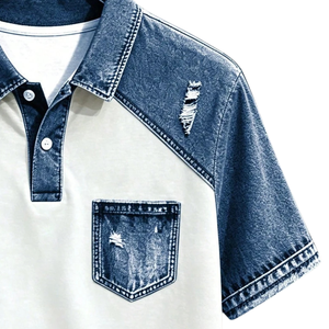 Chemise en coton uni pour homme, blanc et bleu, avec poche en jean contrastant, manches courtes, coupe classique, décontractée, respirante, tricotée pour l'été - Product Image 3
