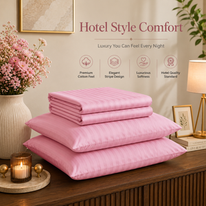 Luxury Soft Baby Pink 100% Cotton 210 TC Striped Bedsheet | Premium Breathable And Soft Quality <b>Bedding</b> <b>Set</b> for Elegant Bedrooms - Product Image 4