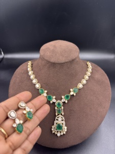 Amaira Jewels Brass Green Doublet Pendant Sets CZ Polki Handmade Ethnic Women's Jewelry Cut Engagement <b>Statement</b> <b>Necklace</b> Set - Product Image 2