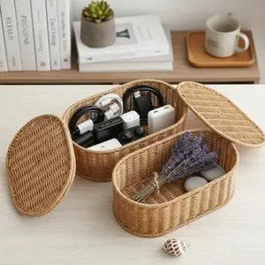 Best Seller For Set 2 Pieces Woven Rattan Oval <b>Basket</b> Natural <b>Wicker</b> <b>Storage</b> Box Handmade Desktop Organizer - Product Image 2
