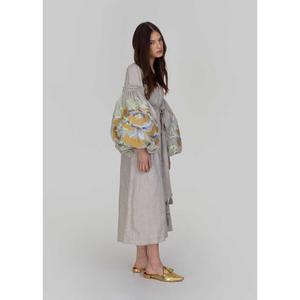 Vestido Midi de Lino y Algodón Gris para Mujer, Multicolor, Bordado, Manga Abullonada, Cuello en V, Cintura con Lazo, Estilo Boho - Product Image 2