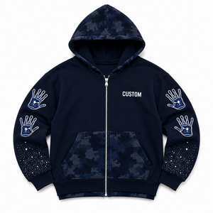 New Fashionable Blue Camo Pocket Graphic Handprint Hoodies Full Zip Heavyweight Cotton Streetwear Pullover Private Label Factory - Product Image 3
