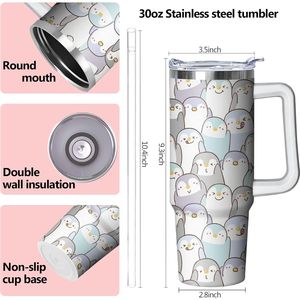 Tumbler Isolato in Acciaio Inox Penguin da 30 oz con Manico e Cannuccia, Tazza da Viaggio per Caffè, Bottiglia d'Acqua con Coperchio per Regali - Product Image 2