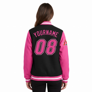 Veste universitaire en cuir rose et noir sur mesure pour homme avec rembourrage en polyester - Product Image 2