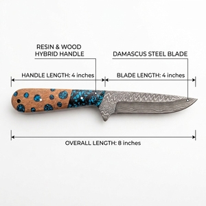 Couteau de chasse en acier de Damas en gros, manche hybride personnalisé en résine turquoise et bois, lame fixe, couteau de camping extérieur OEM - Product Image 2